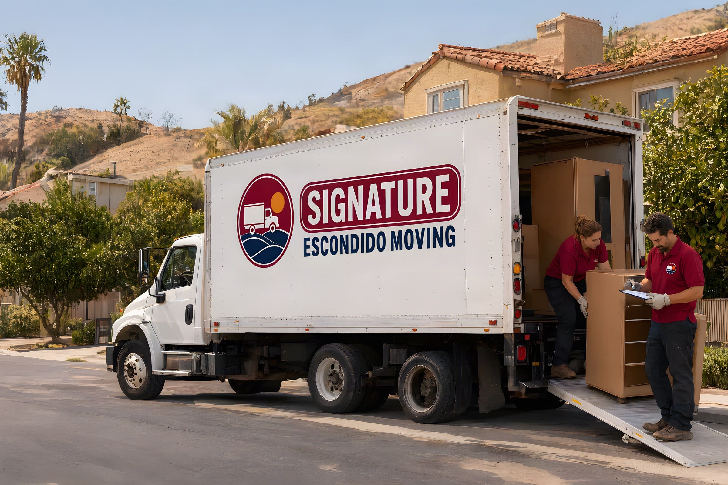 A mover checks an inventory sheet while another rolls a wrapped dresser off our box truck on a hillside street