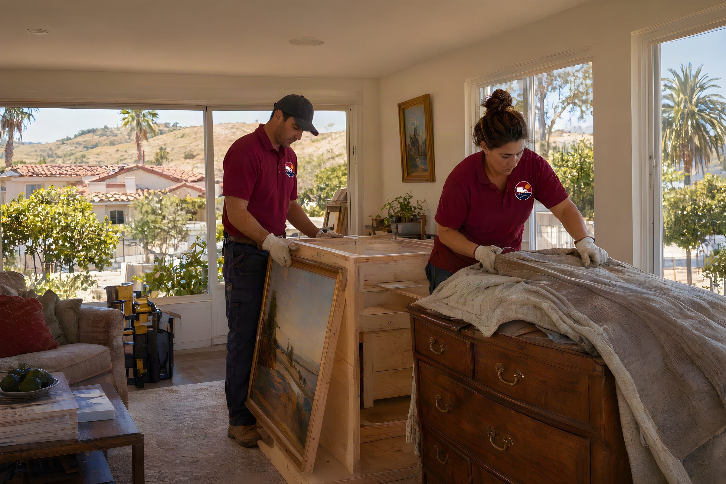 Antique movers in Escondido fit a painting into a custom wood crate and wrap an antique dresser in pads