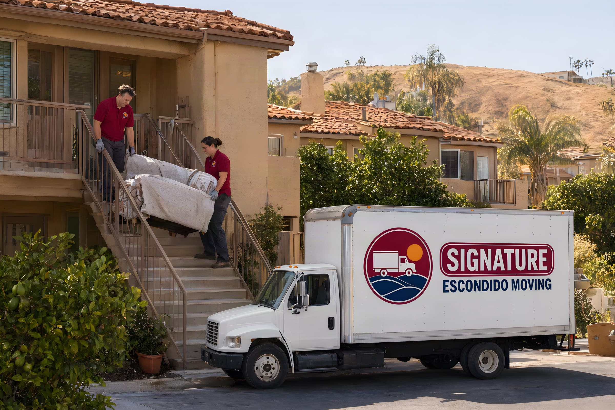 Two movers carry a padded sofa down the outdoor stairs of a stucco apartment building to our box truck