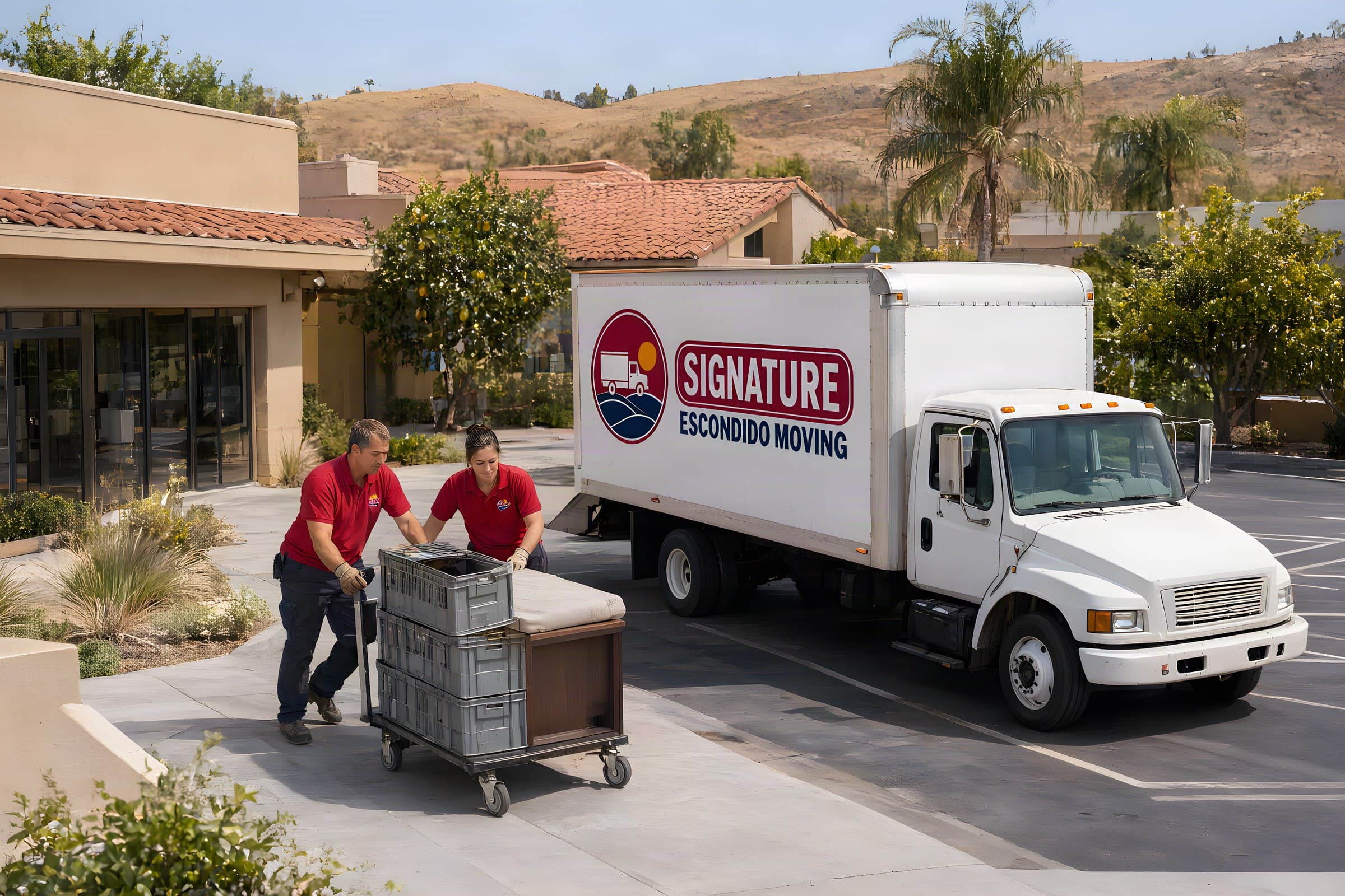 Commercial movers in Escondido push a dolly of moving crates and a padded desk from an office building to our box truck