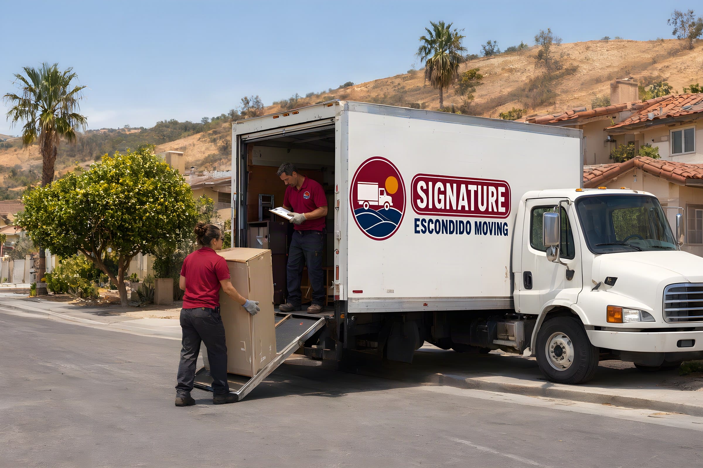 Movers loading a wrapped wardrobe into our box truck for a long distance move from Escondido