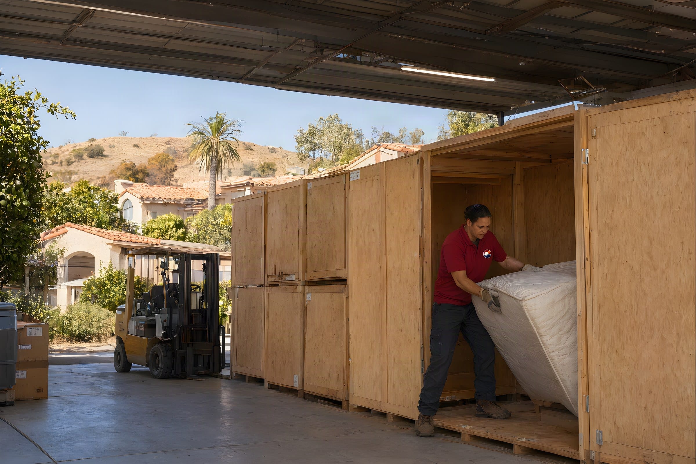 A mover slides a padded mattress into a wooden storage vault in our Escondido warehouse