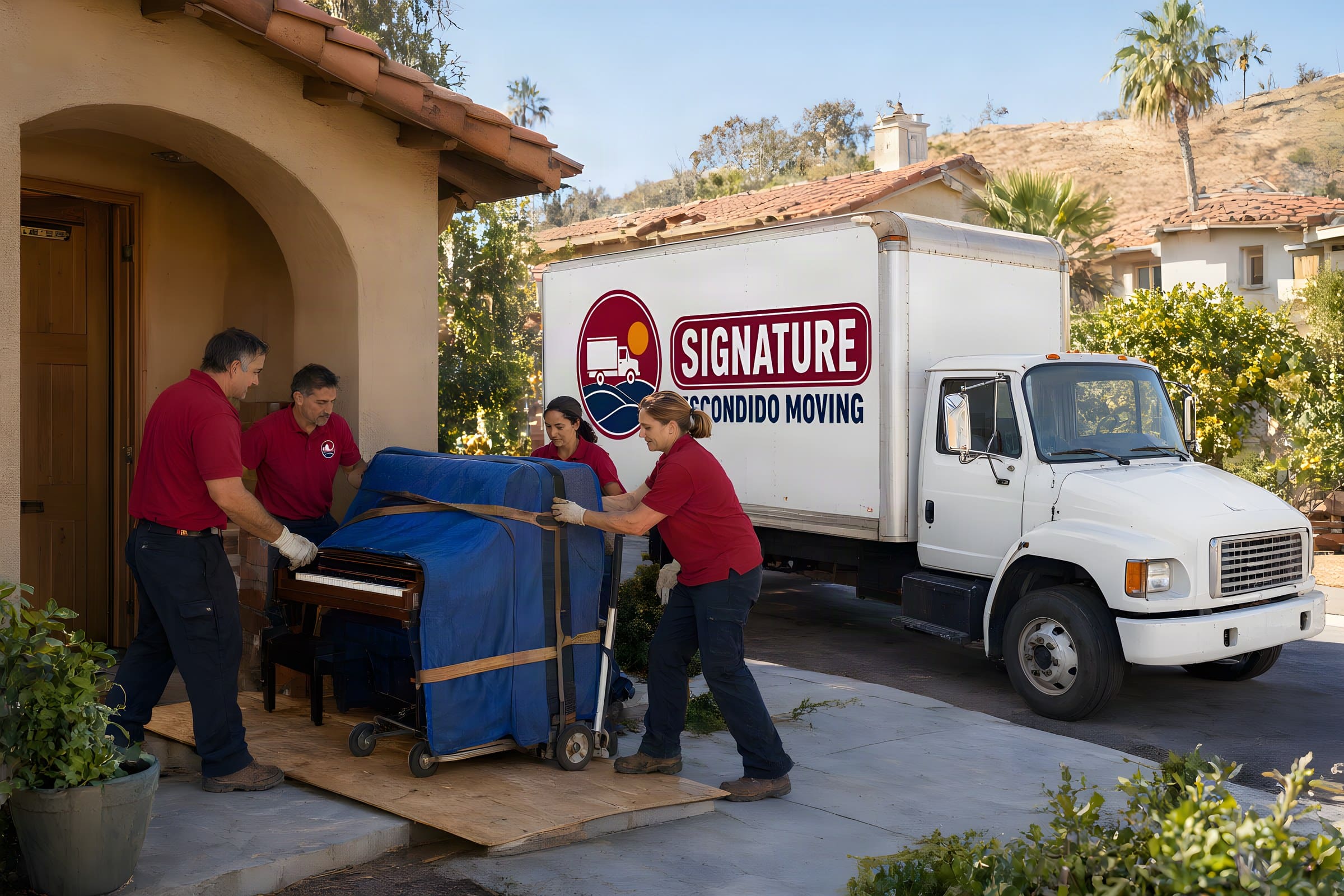 Four movers ease a padded upright piano on a dolly over plywood at a stucco house doorway