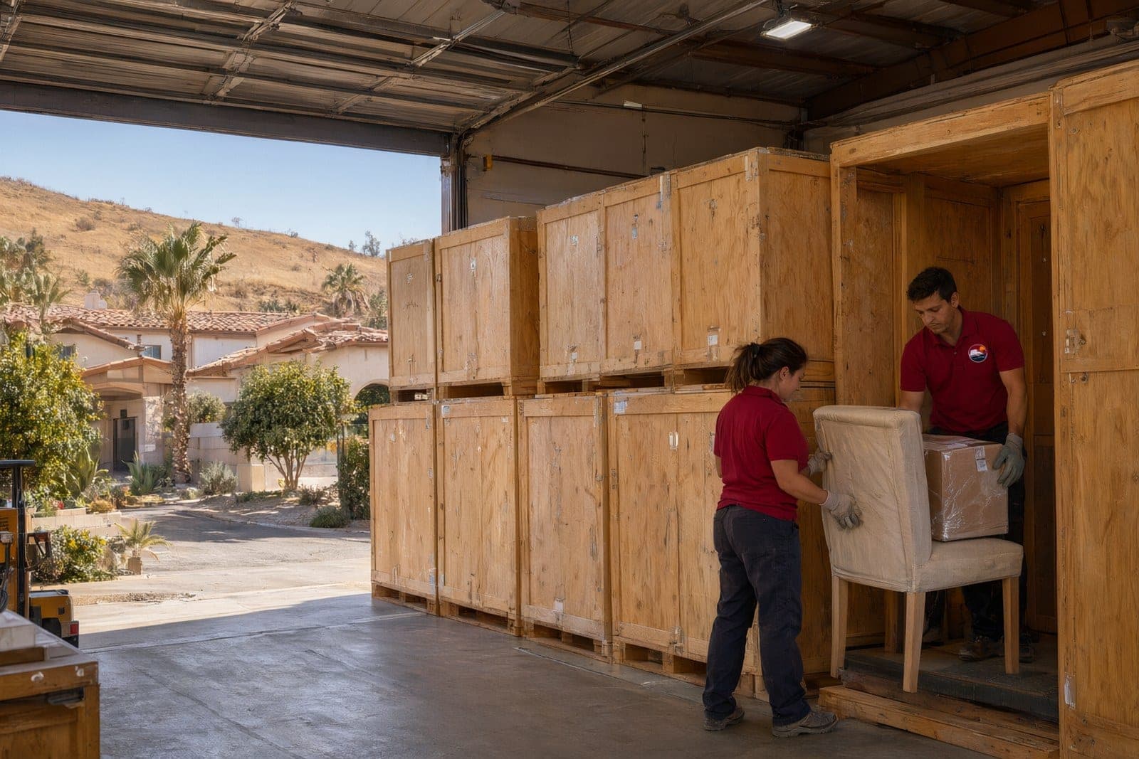 Two movers load a padded chair and a box into an open wooden storage vault in our warehouse